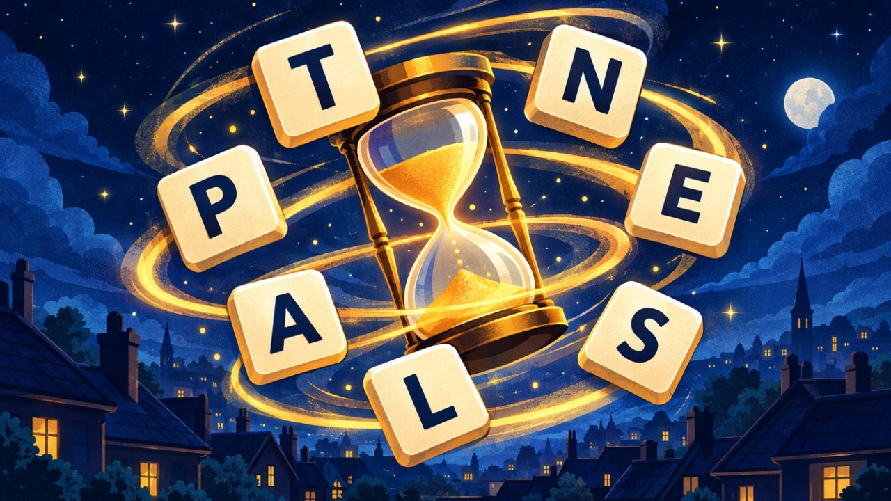 Seven cream letter tiles whirl around a glowing hourglass under a starry midnight sky above the rooftops.