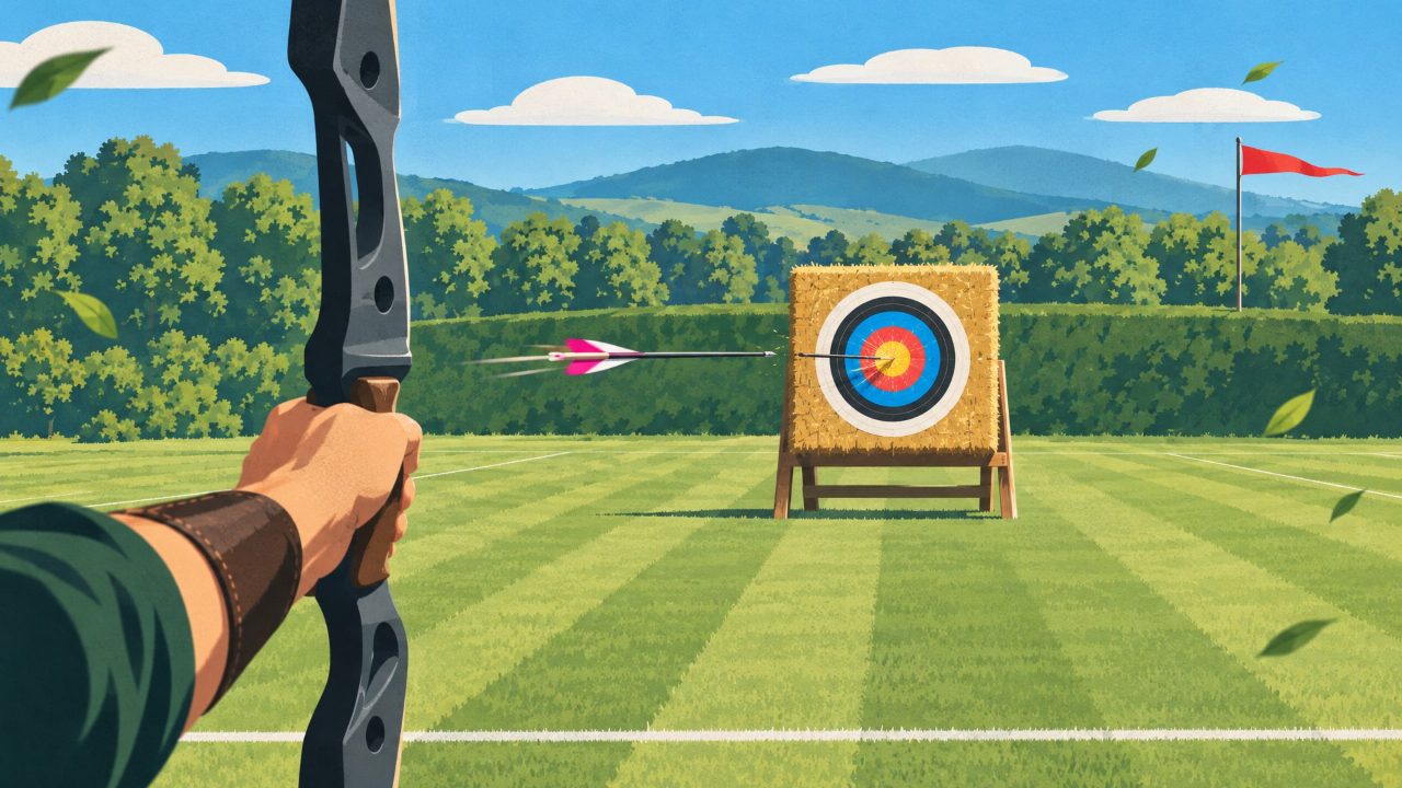 An archer aims a bow down a sunny mown range as a pink-fletched arrow flies into the gold of a straw target.