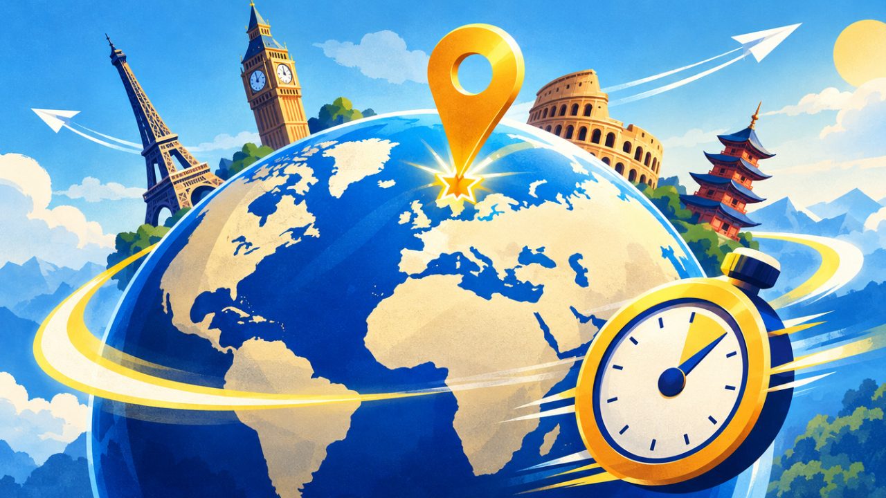 A golden pin lands on a capital on a blue globe ringed by the Eiffel Tower, Big Ben, the Colosseum and a pagoda.