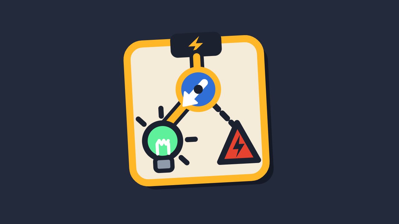The Circuit Breaker mark: on a cream circuit card, a blue switch sends amber current to a lit green bulb, away from a red hazard.