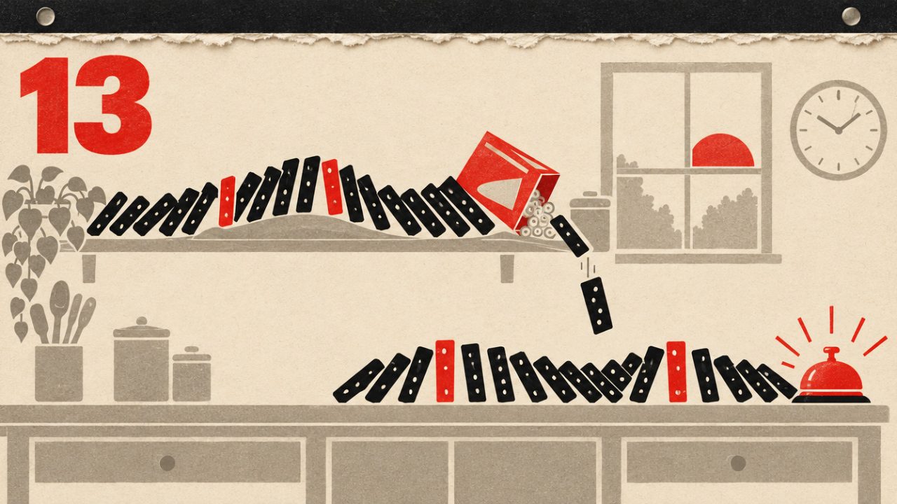 A tear-off calendar page: a wave of black dominoes falls from a kitchen shelf to the counter, past red ones, into a ringing red bell.
