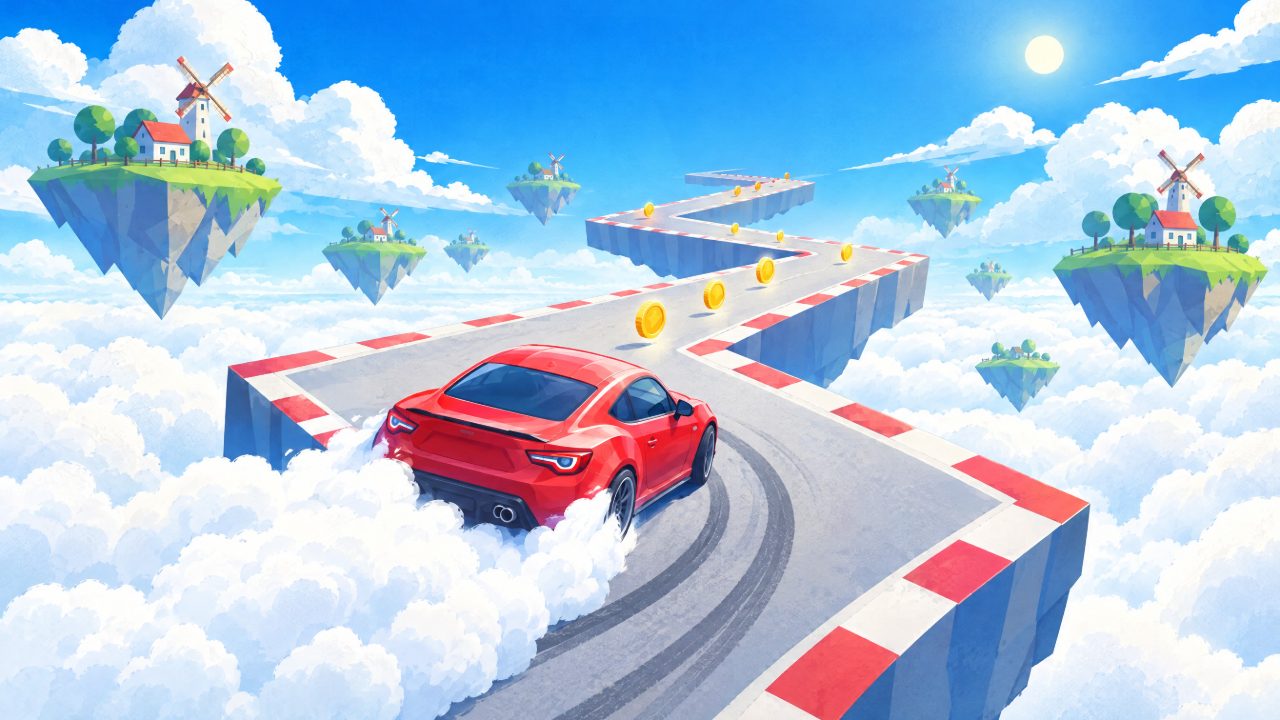 A red sports car drifts in white smoke round a kerbed corner of a zigzag road floating above the clouds among sunny islands.