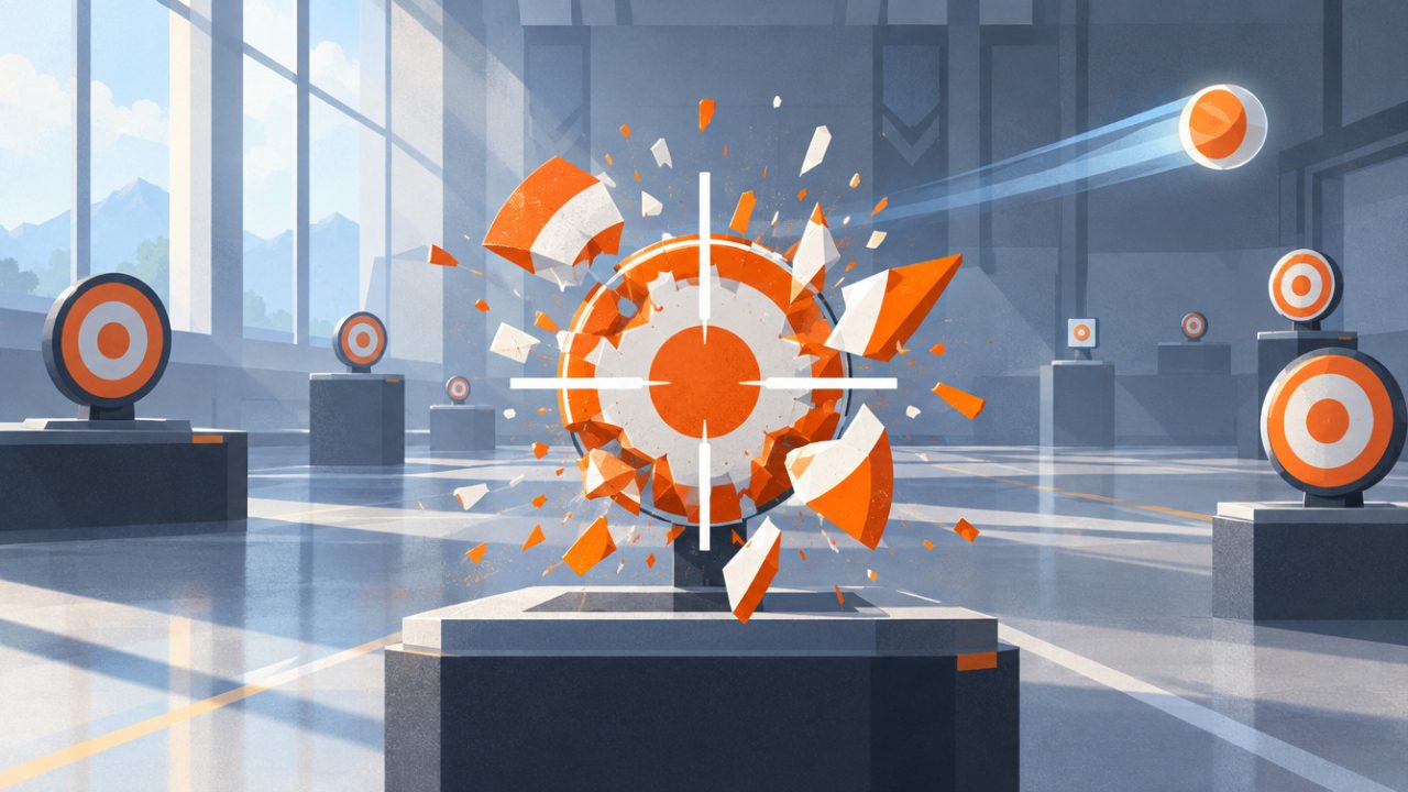 Orange-and-white targets on stands in a sunlit training hall, one shattering under the crosshair.