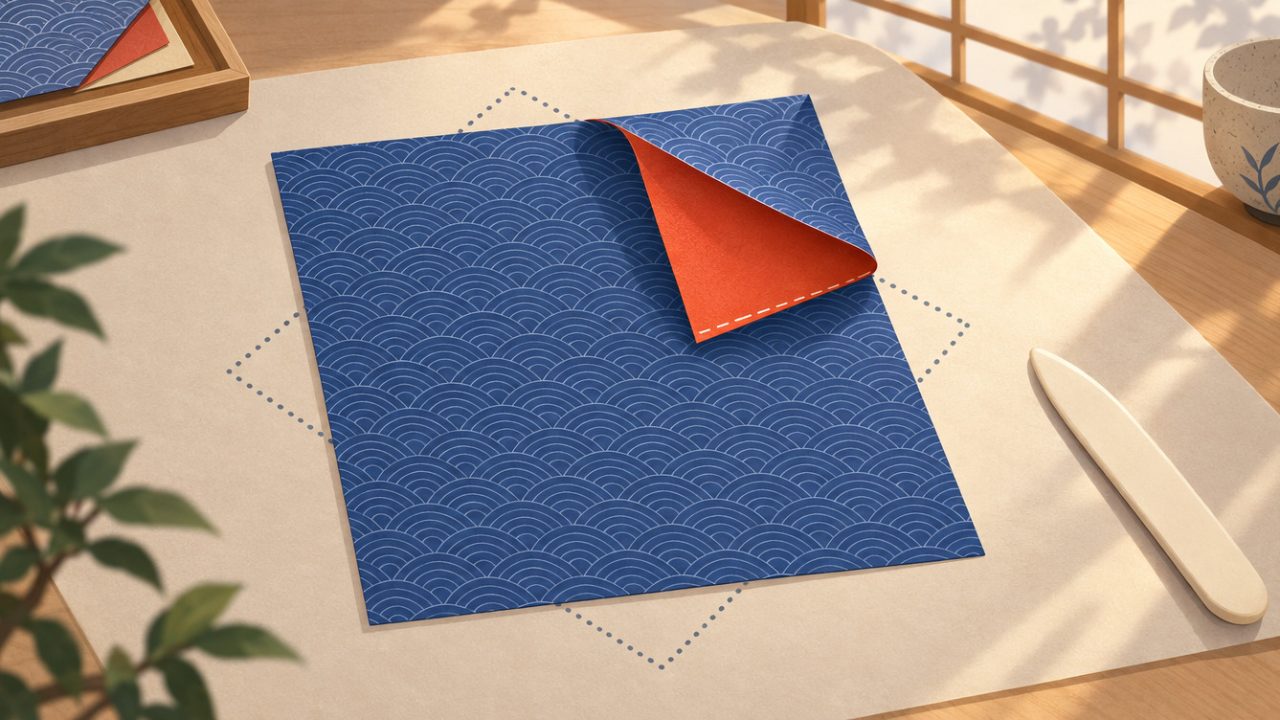 A square of indigo wave-print origami paper, one corner curling over to show its vermilion back, inside a dotted outline.