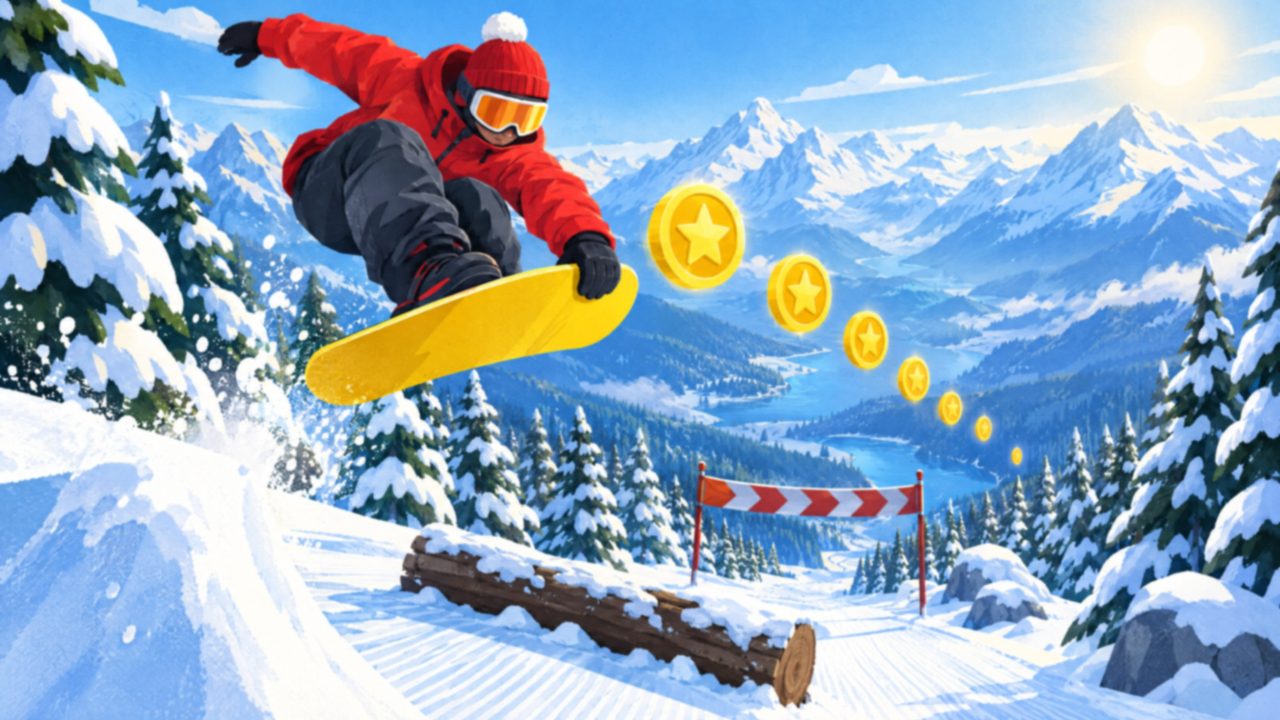 A snowboarder in a red jacket grabs big air over a fallen log on a sunny pine slope beside a trail of gold coins.