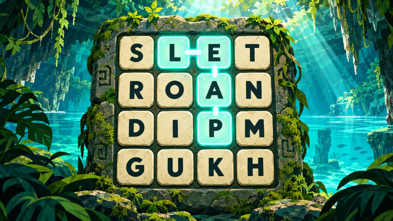 A 4×4 grid of stone letter tiles in a jungle cenote, the word LEAP traced across it in glowing aqua.
