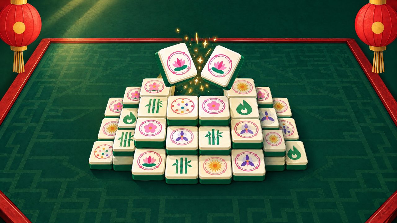 Two matching lotus mahjong tiles lift off a stacked ivory board in a burst of gold sparks, on a jade table between red lanterns.