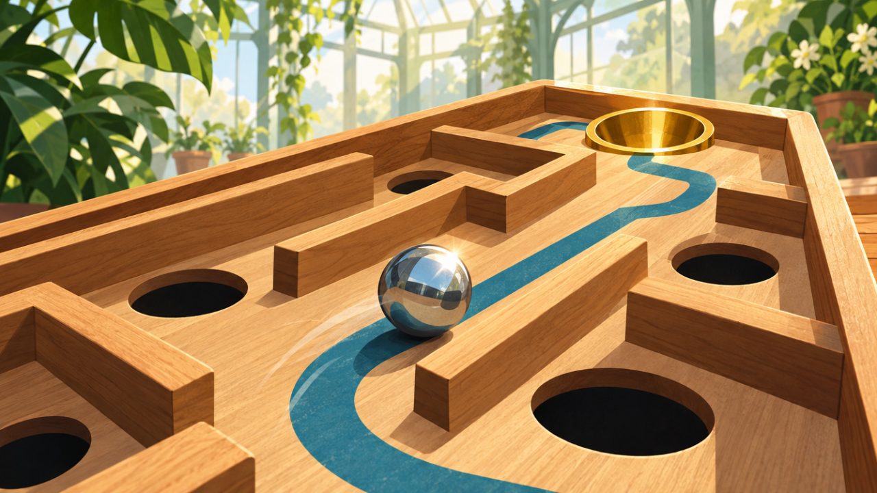 A chrome marble rolls along a painted blue line past the holes of a 3D wooden labyrinth toward a brass cup.