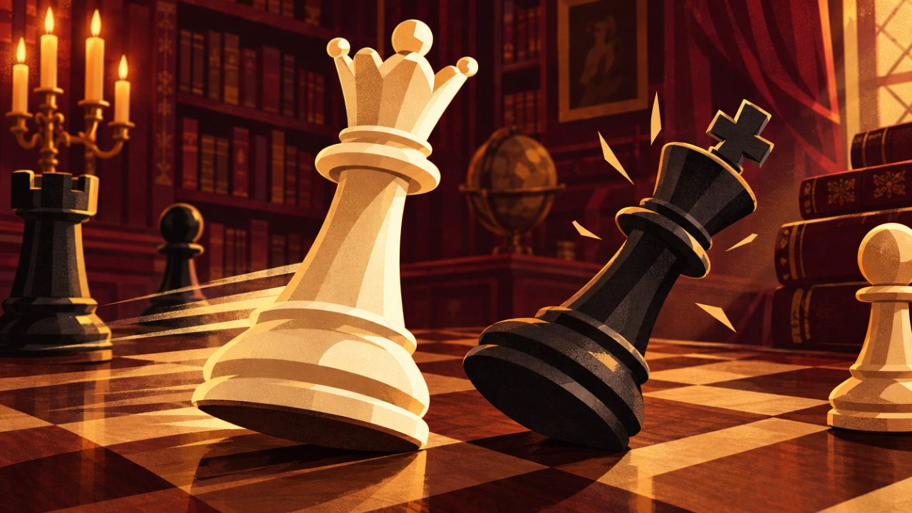 A white queen slides in to checkmate as the black king topples on a walnut board in a candlelit library.