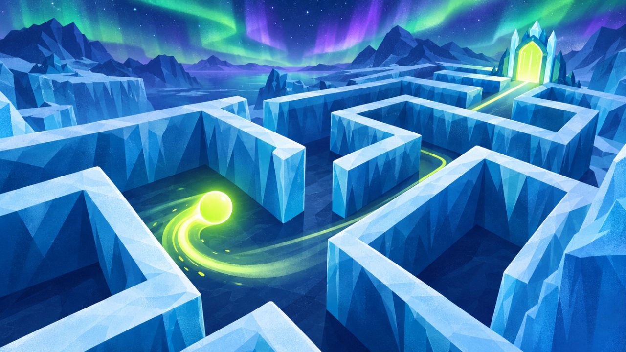 A glowing lime ball dashes through an ice-crystal labyrinth toward a glowing crystal gate under the aurora.