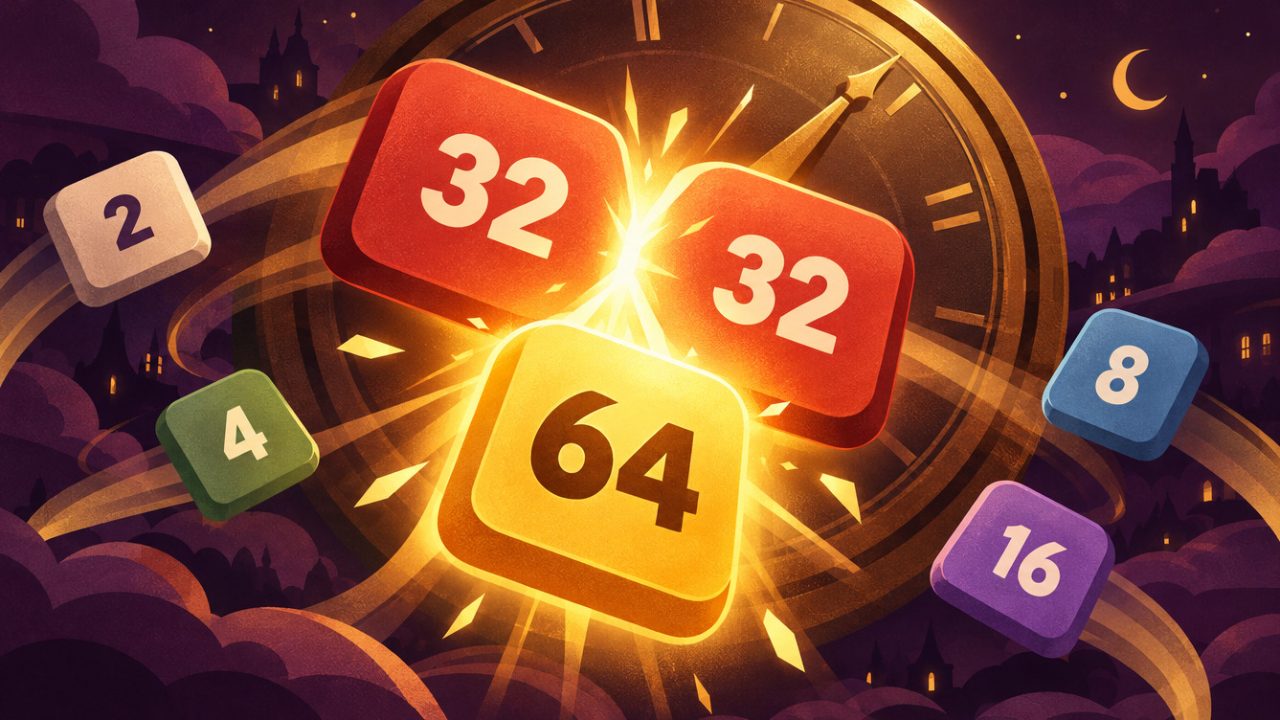 Two 32 tiles merge into a glowing 64 in front of a brass clock face, with 2, 4, 8 and 16 tiles around them.