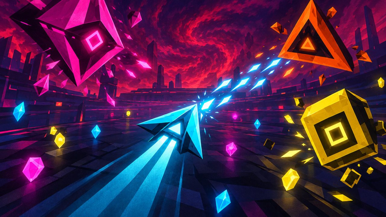A cyan arrow ship fires bolts at giant neon diamonds, triangles and squares in a crimson storm arena.