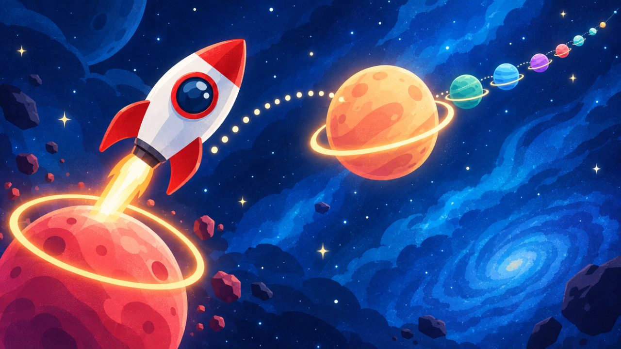 A red-and-white rocket launches off its orbit round a coral planet toward a ringed peach planet in a blue nebula.