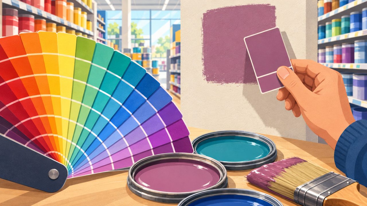 A rainbow fan of paint chips beside a mauve chip held up to a painted swatch, open paint can lids below.