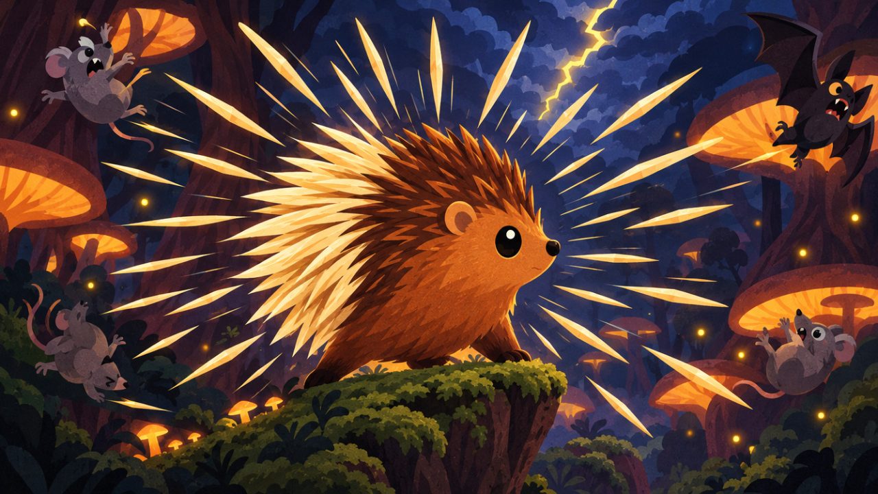 A round porcupine on a mossy ledge fires a ring of golden quills at mice and a bat in a glowing mushroom forest under a storm.