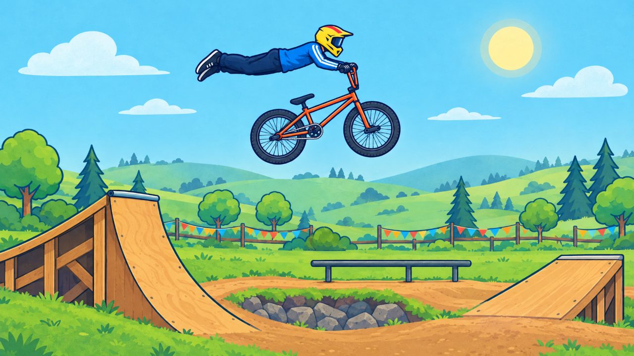 A BMX rider in a yellow helmet stretches out a superman high above a sunny dirt-jump park, over a wooden ramp, a rail and a rocky pit.