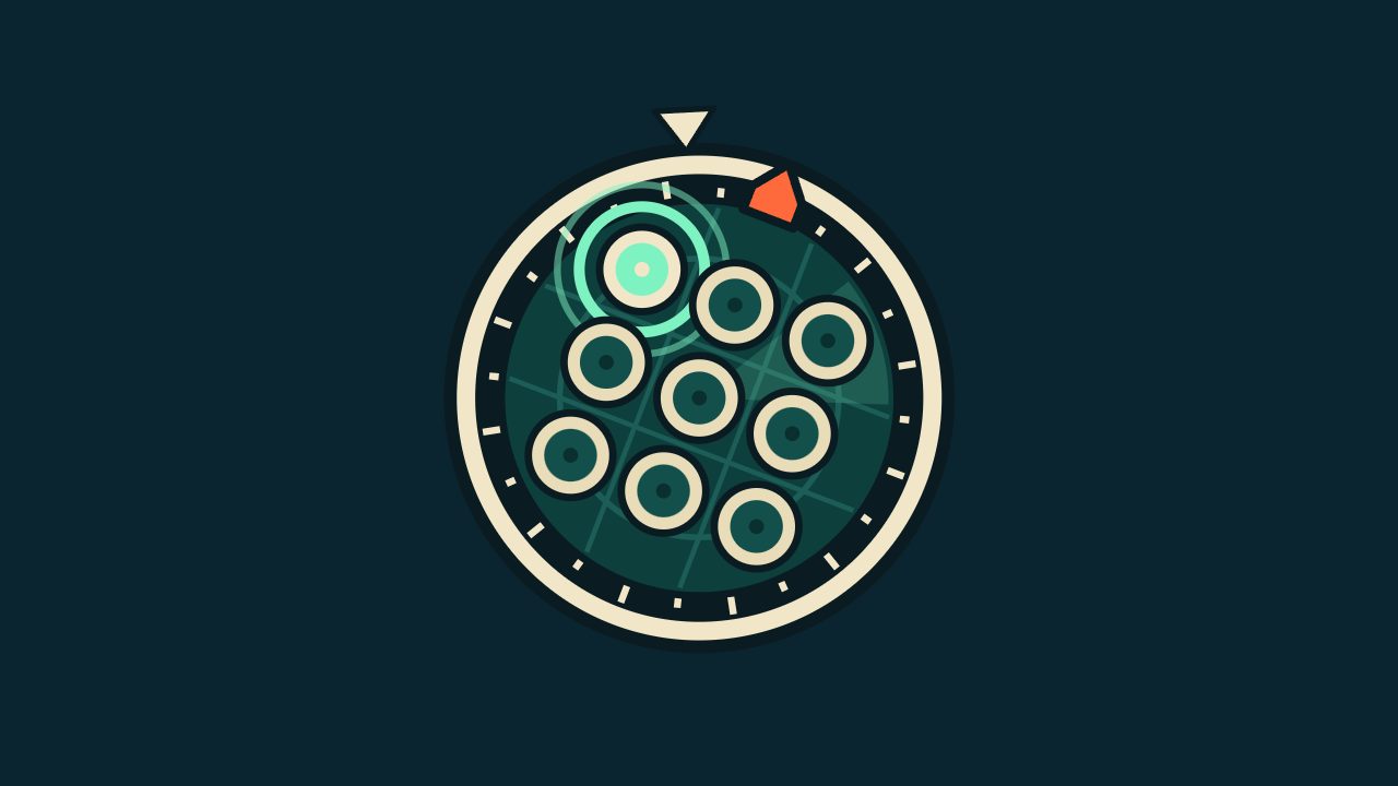 A cream sonar scope with nine round pads on a dark teal screen, one pad lit mint with echo rings and an orange notch on the bezel.