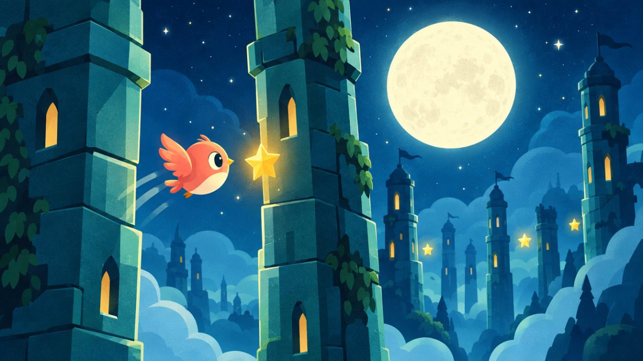A coral bird flies between tall teal stone castle towers toward a gold star under a full moon.