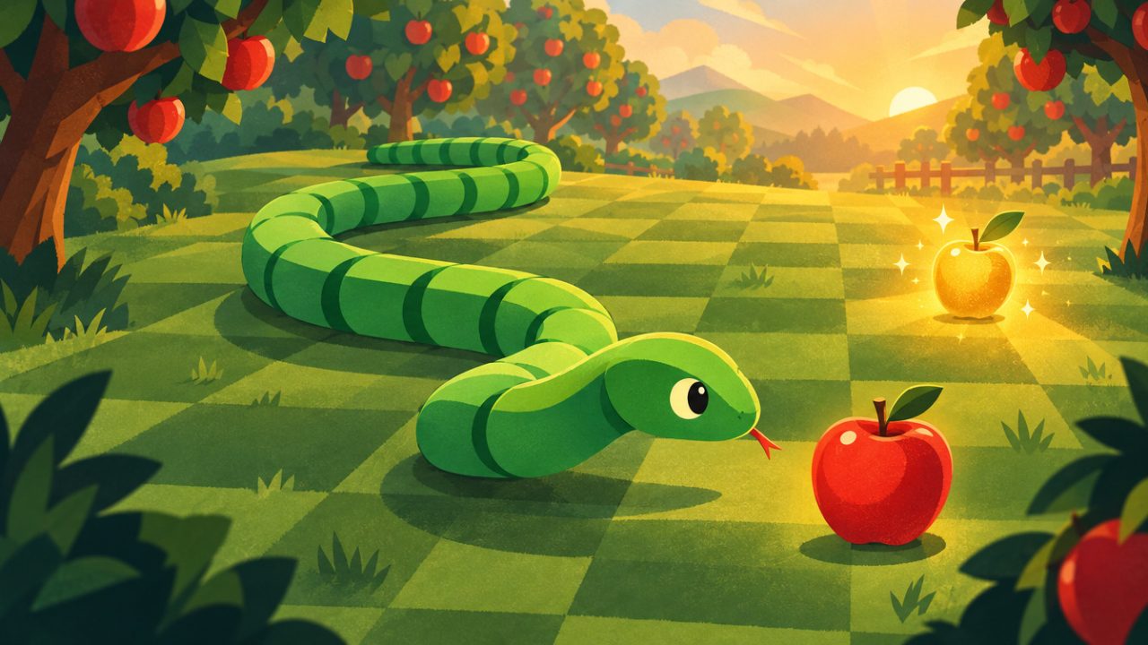 A green snake winds across a checkerboard lawn toward a red apple and a golden apple in an orchard at sunset.