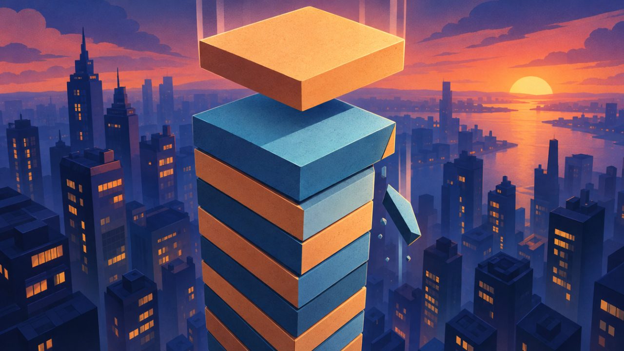 Orange and blue slabs stacked into a 3D tower over a city at sunset, with rooftop flags beside it.