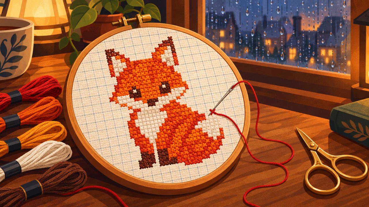 A wooden embroidery hoop with a cross-stitched fox, a needle of red thread pulling the last stitch, skeins of thread beside it.