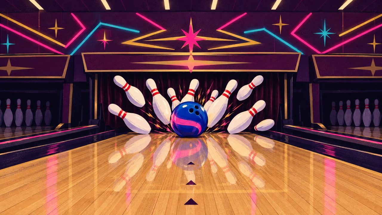 A blue bowling ball smashes into the pins under pink and gold neon, the pins flying off a glossy maple lane.