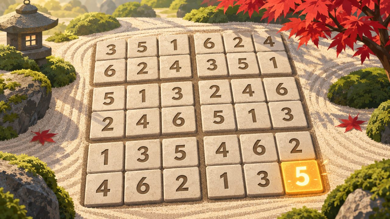 A 6×6 sudoku of carved stone tiles in a raked-sand zen garden, its last tile a glowing 5.