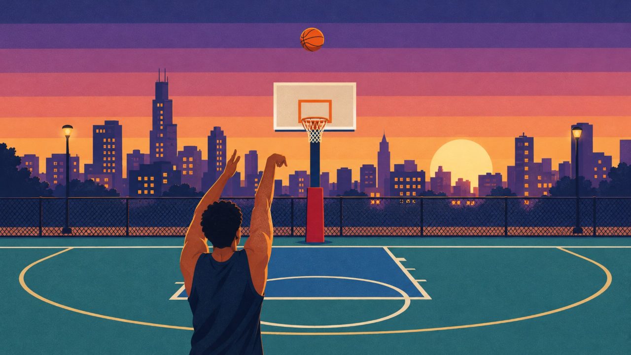 A player shoots on an outdoor city court at sunset, the ball arcing to the hoop against a purple and orange skyline.