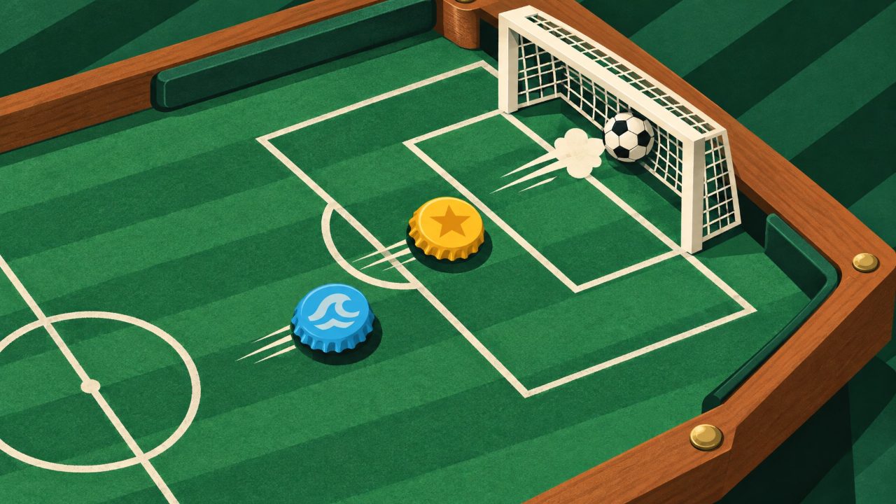 On a striped felt pitch in a wooden table, a yellow star bottle cap knocks the ball into the net as a blue wave cap arrives too late.