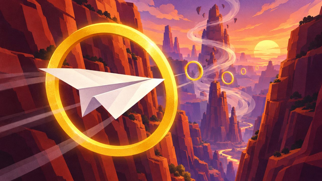 A white paper plane flies through a glowing gold ring between sandstone canyon walls at sunset.