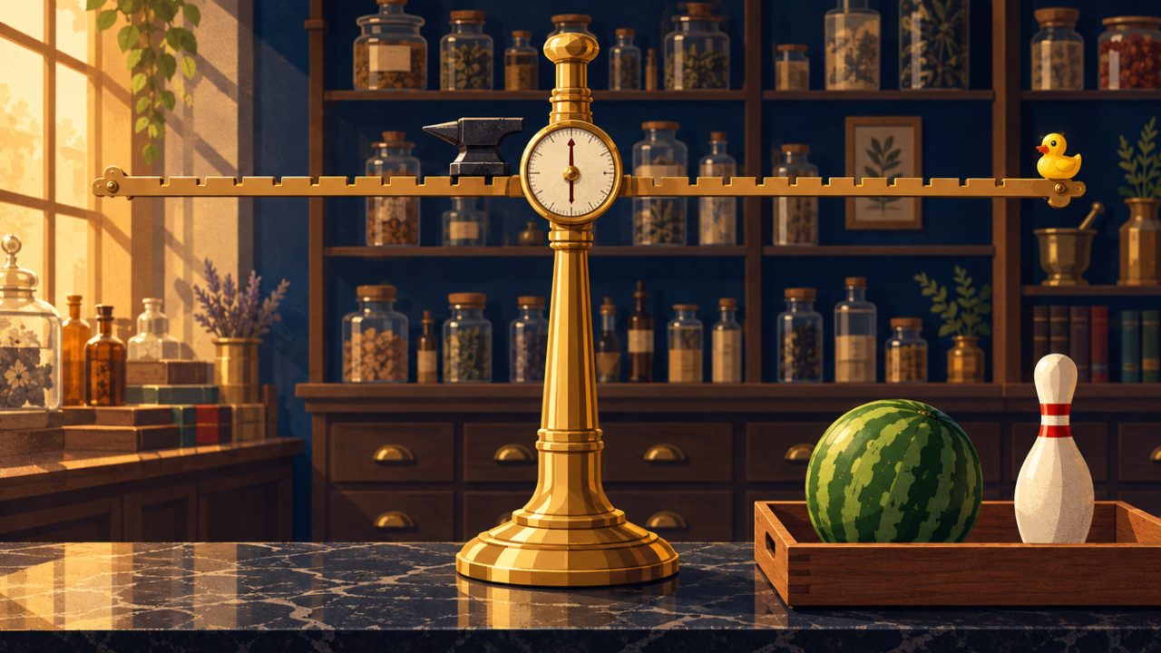 A level brass balance in an apothecary: an anvil by the pivot, a rubber duck at the far end, a melon and a bowling pin below.