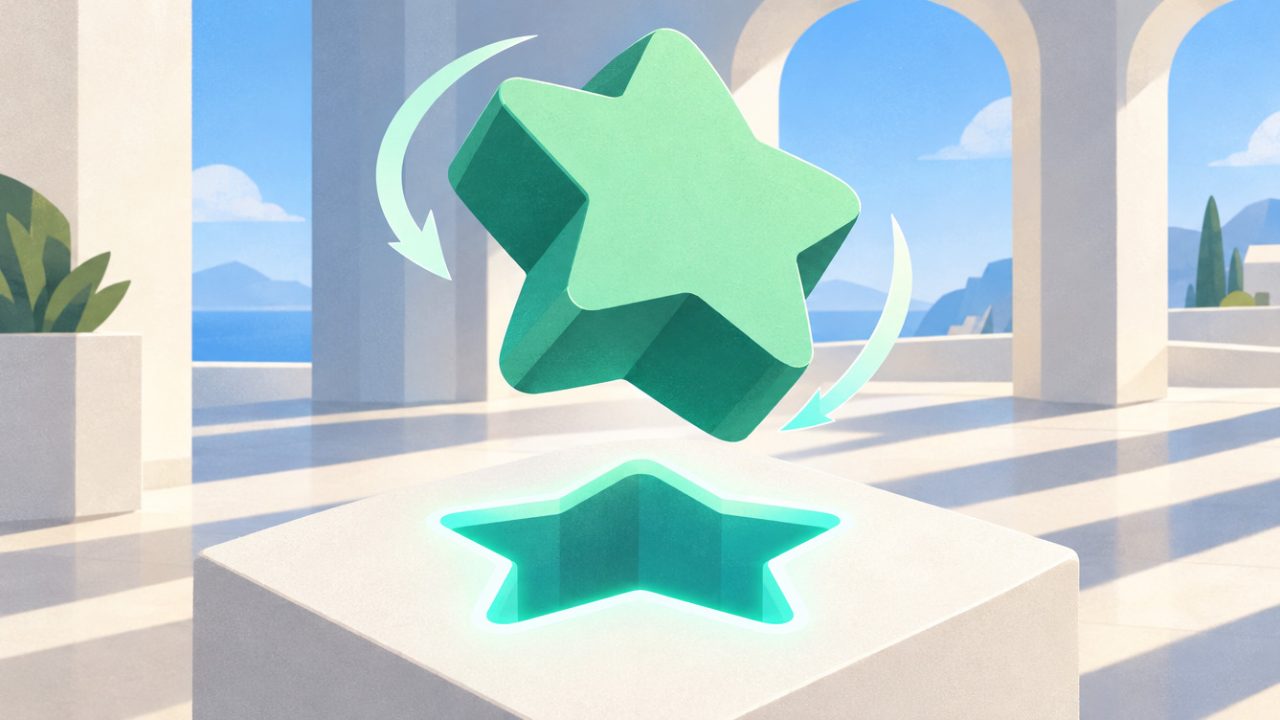 A jade stone star turns above its glowing star-shaped slot in a limestone plinth in a sunlit white courtyard.