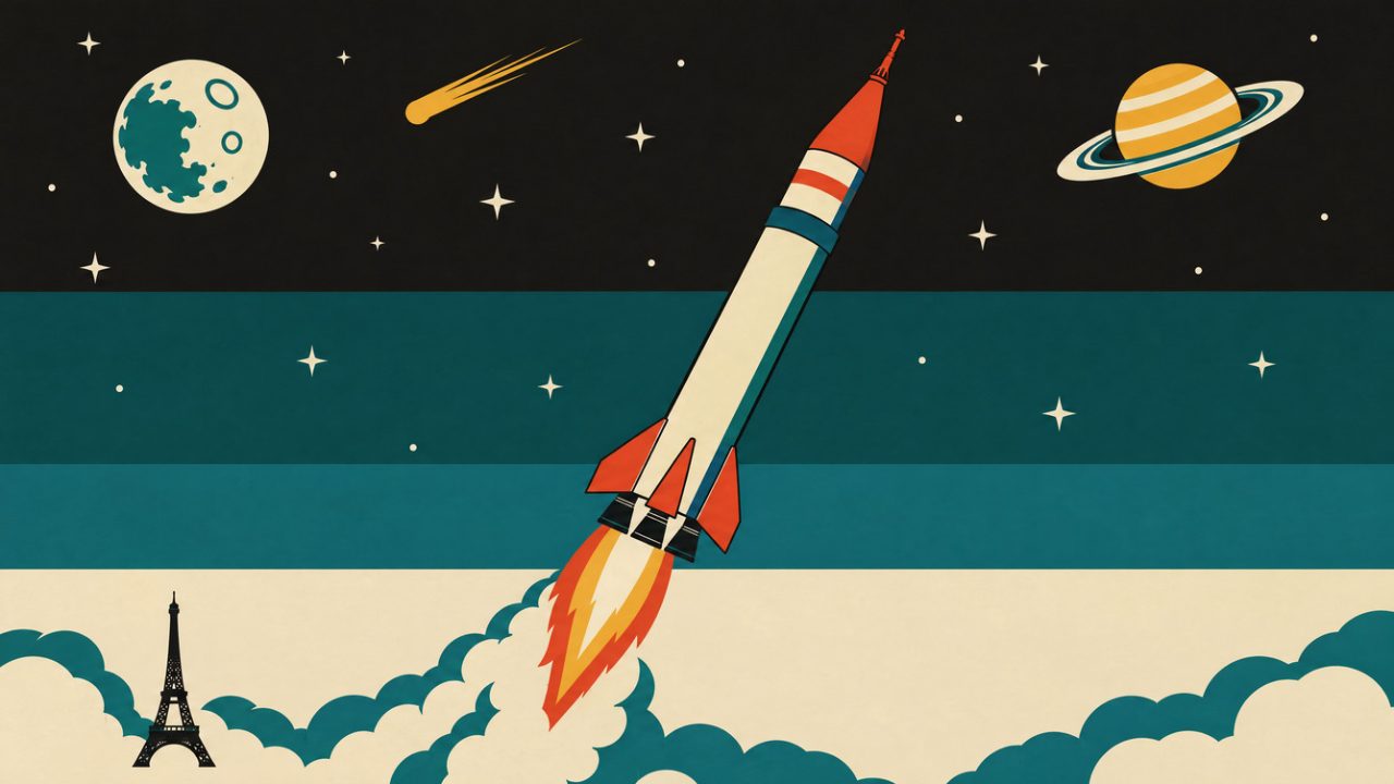 A cream-and-red 1960s rocket climbs from the clouds past the Eiffel Tower into space, with the Moon, Saturn and a gold comet.