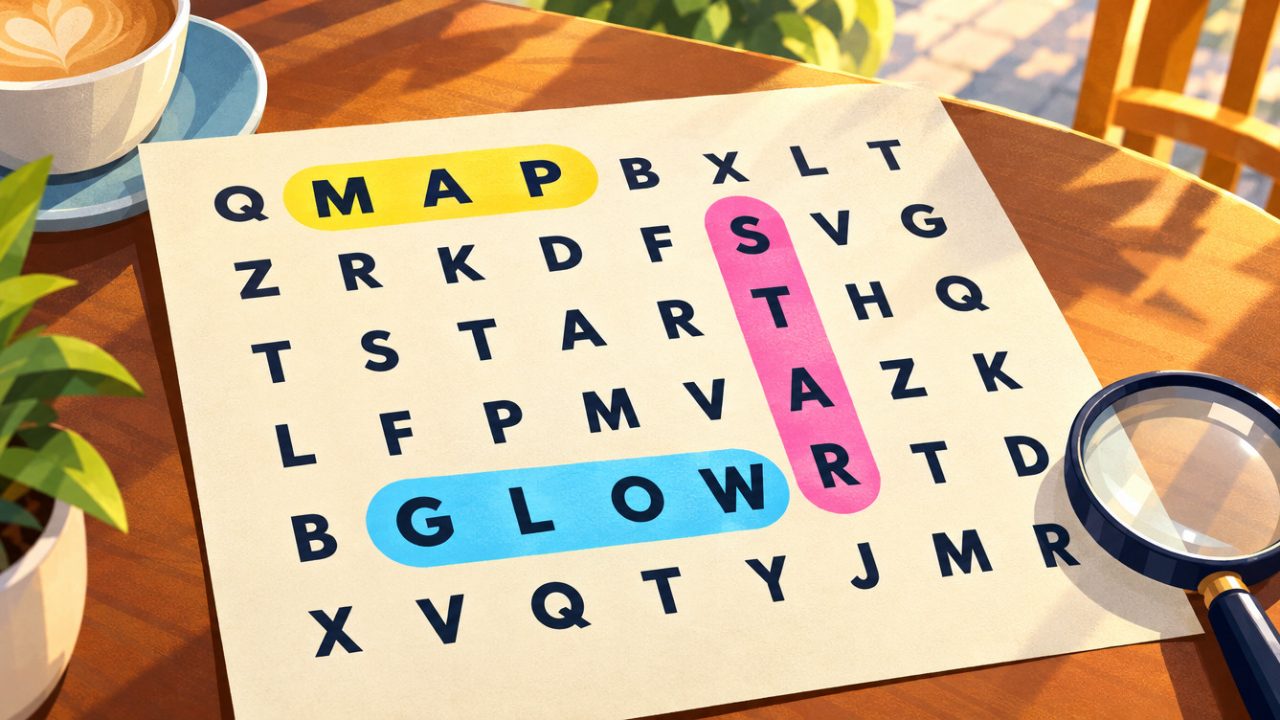 A word search on a café table with MAP, STAR and GLOW marked in yellow, pink and blue highlighter.